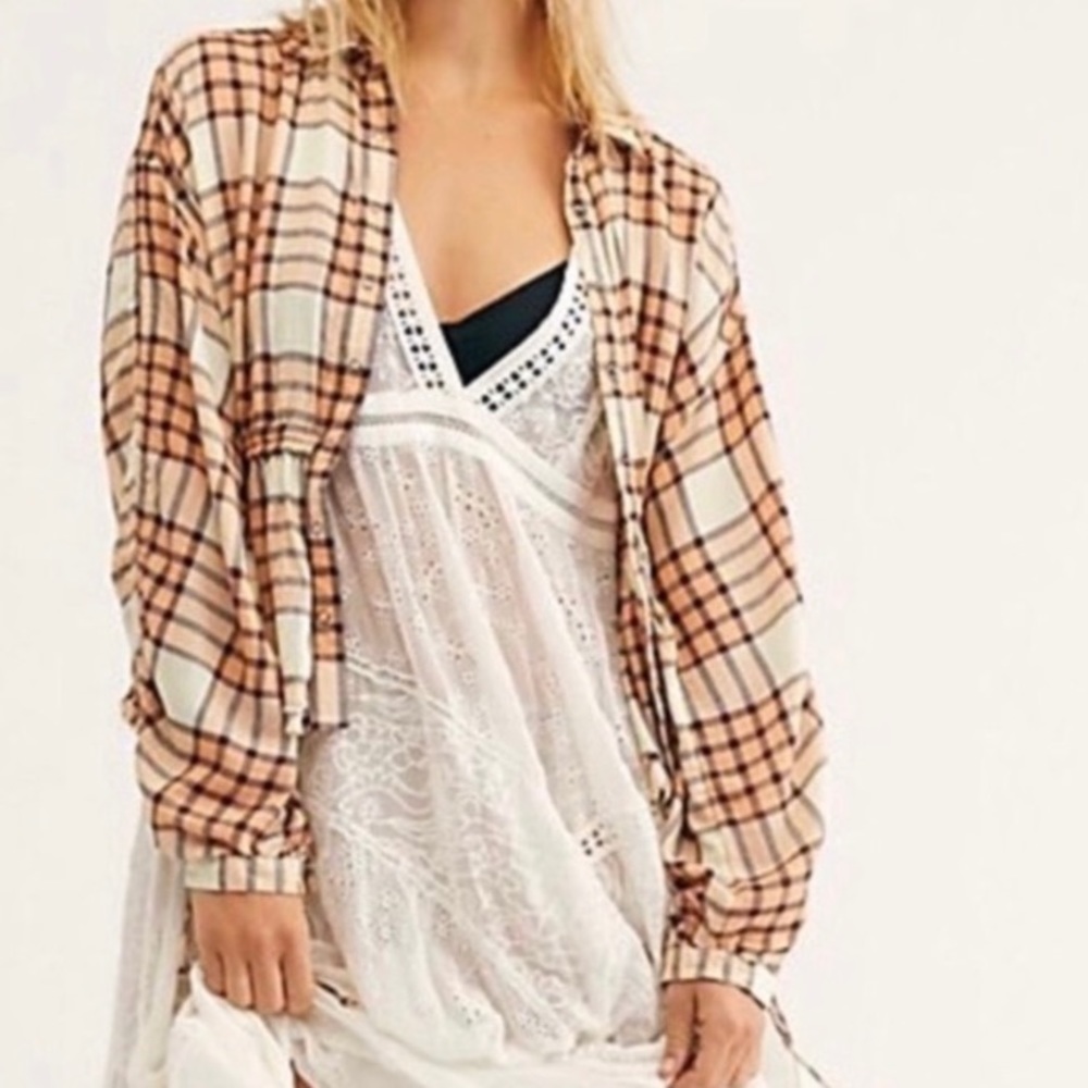 Free People Pacific Dawn Snap Front Peplum Drawstring Plaid Top Peach Small